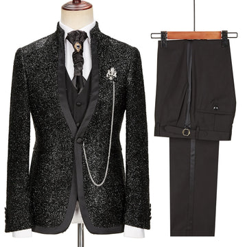 Costume homme 3 pièces pailleté sur mesure, blazer, gilet, pantalon, un bouton, sans revers, pour mariage, formel, grande taille