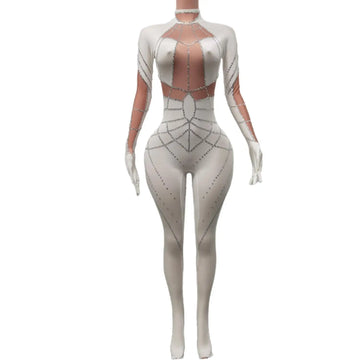 Body glamuroso con adornos de diamantes de imitación y guantes para fiestas nocturnas, actuaciones de bailarinas y espectáculos.