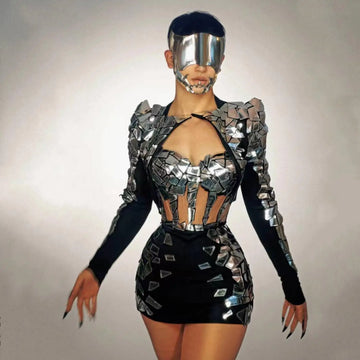 Glamorous Silver Mirror Cutout Mini Dress for Stunning Parties, Performances, and Celebrations