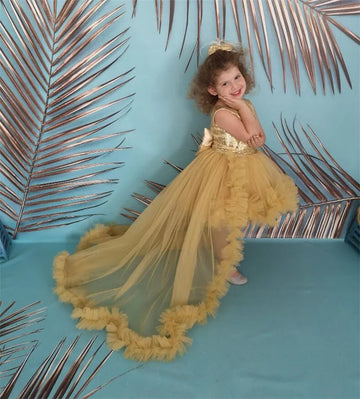 Vestido de tul con lentejuelas doradas y cola larga con volantes para niñas pequeñas