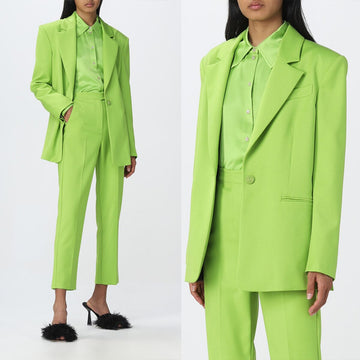 Costume pantalon vert printemps pour femme, col en V, tenue de soirée, tenue de mariage, ample, jambe large, deux pièces