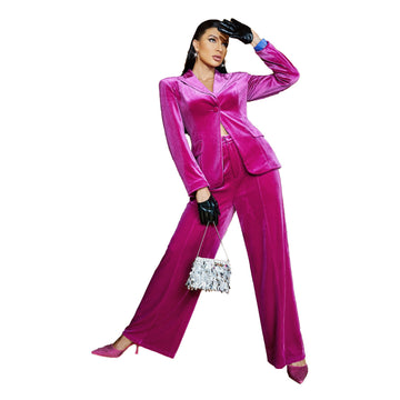 Costume de mère de la mariée en velours rose rouge ample pour femme de bureau, blazer de soirée, tenue d'invité 2 pièces