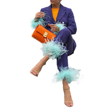 Trajes de pantalón estilo callejero para mujer, estilo casual, con plumas y cuadros, para celebridades, fiestas de noche, madres de la novia, bodas, formales, 2 piezas
