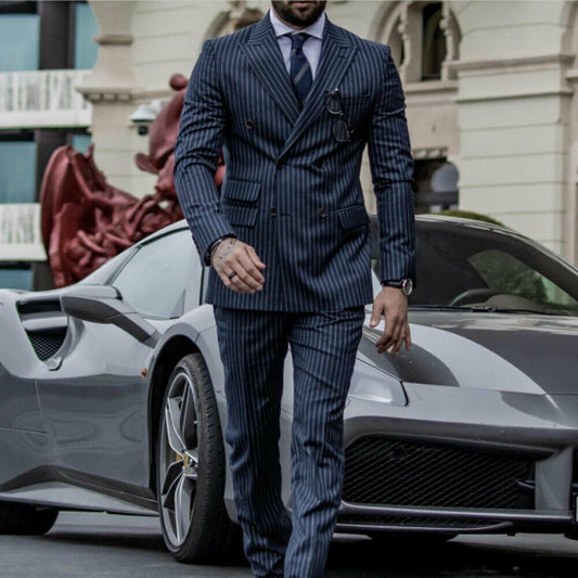 Striped Men Suit Slim Fit Double Breasted Tuxedo Jacket Groom Wedding Blazer New Men Jacket and Pants