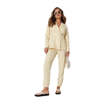 Traje de pantalón a cuadros amarillo claro de verano para mujer, traje de blazer a cuadros entallado para fiesta de graduación o boda (chaqueta + pantalón)