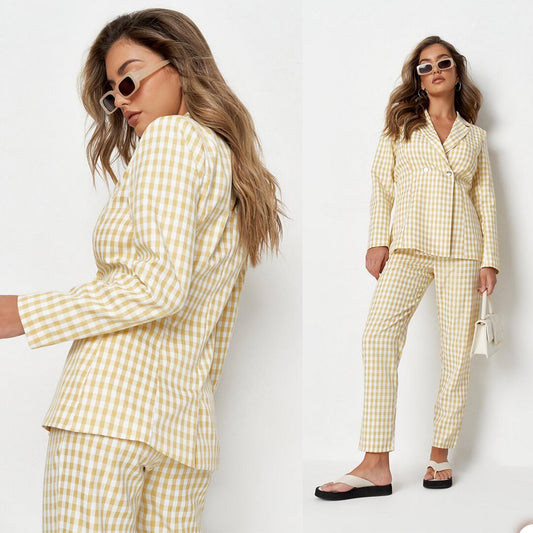 Costume d'été à carreaux jaune clair pour femme, coupe slim, blazer à carreaux, tenue de bal, de fête, de mariage (veste + pantalon)