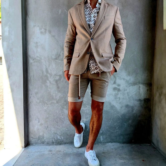 Costume d'été pour homme 2 pièces, blazer, pantalon court, simple boutonnage, revers en pointe, coupe slim, costume sur mesure pour marié