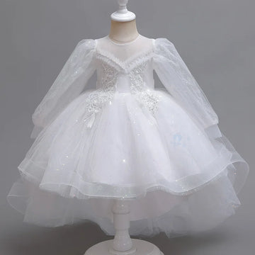 Robe blanche à manches longues en tulle et dentelle pour fille, avec broderie florale et jupe bouffante