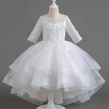 Girls White Lace and Tulle Flower Girl Dress with Half Sleeves and Tiered Skirt