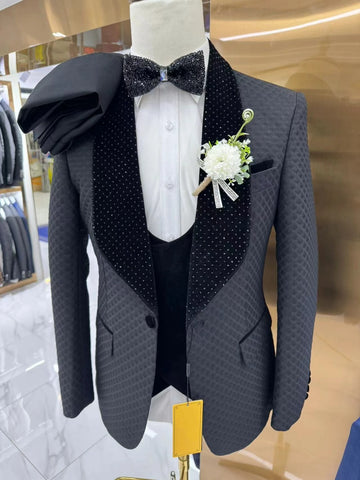 Costume trois pièces pour homme avec col châle pailleté, blazer slim ajusté à un bouton, gilet noir et pantalon, smoking de fête