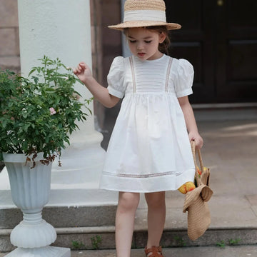Girls White Cotton Puff Sleeve Summer Dress with Lace Trim and Straw Hat