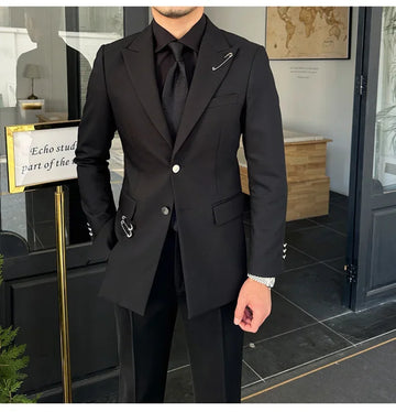 Men's Black Single-Breasted Blazer with Safety Pin Detailing