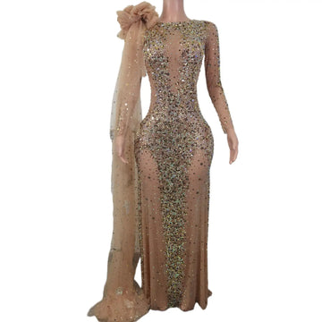 Elegante vestido largo de manga larga con cristales transparentes para mujer, ideal para bodas, bailes de graduación y eventos formales.