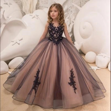 Vestido de fiesta elegante de tul y encaje hasta el suelo para niñas con apliques