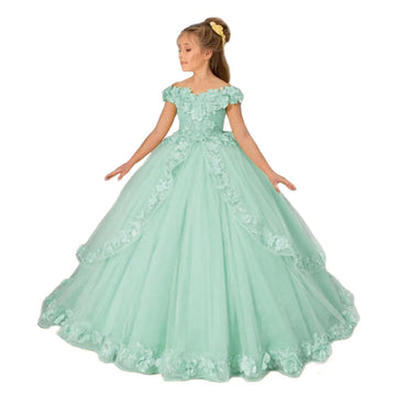 Girls Mint Green Princess Dress Ball Gown with Floral Appliques and Off-Shoulder Design