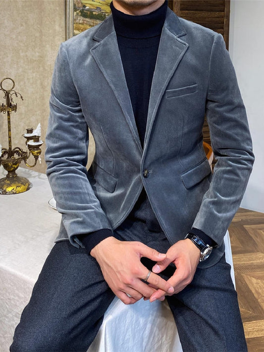 Costume en velours pour homme, costume 2 pièces, blazer, pantalon noir, un bouton, revers en pointe, smoking tendance, affaires, mariage moderne