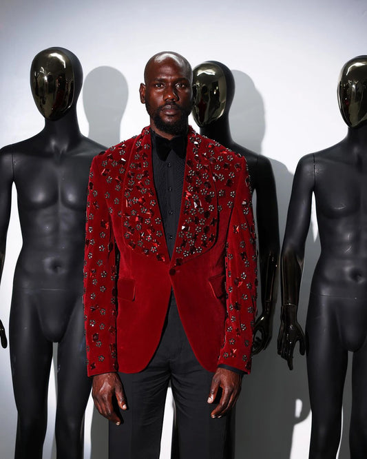 Ensemble veste et pantalon en velours rouge pour homme, avec perles de cristal, blazer à revers châle et pantalon noir
