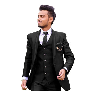 Vintage Black Men's Suit Shawl Lapel Single Breasted Custom Formal Business Wedding Dress 3 Piece Jacket Pants Vest