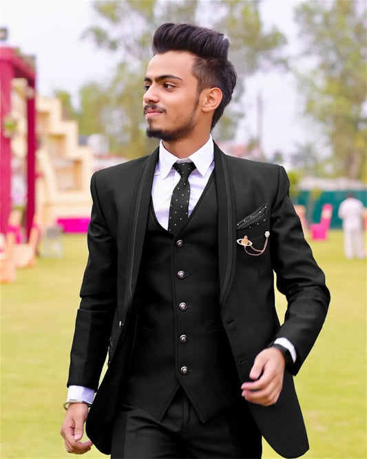 Vintage Black Men's Suit Shawl Lapel Single Breasted Custom Formal Business Wedding Dress 3 Piece Jacket Pants Vest