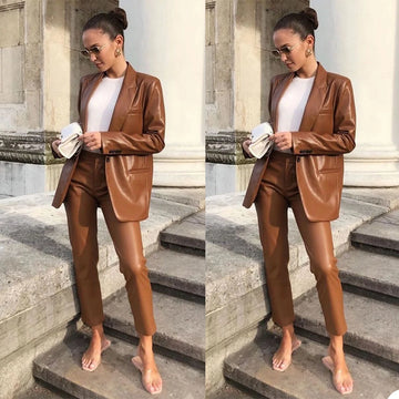 Pantalon 2 pièces vintage marron pour femme, veste décontractée à revers pointu, blazer à un bouton, pantalon crayon, robes de tous les jours