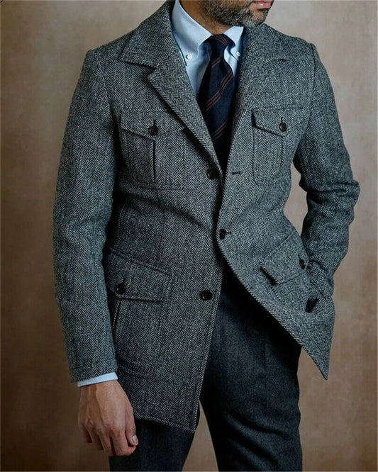 Trajes de negocios vintage para hombre, esmoquin entallado de tweed gris con espiga, trajes de novio para boda, chaqueta con solapa de muesca, blazer masculino