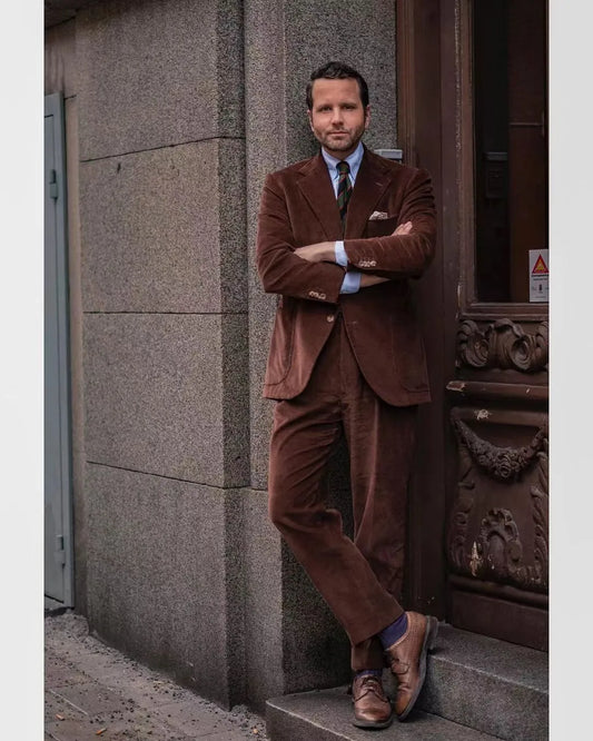 Wedding Formal Suit For Men Business Style Costumes Brown Corduroy Two Button Gentleman Social Blazer Sets 2 Piece(Jacket+Pants)