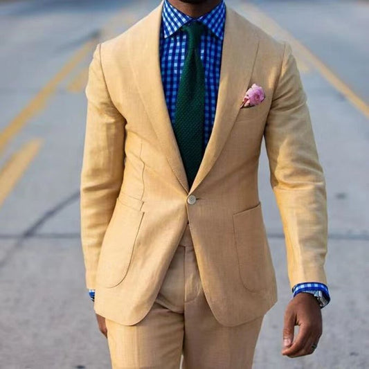 Costume de mariage pour homme, couleur champagne, un bouton, coupe cintrée, sur mesure, grande taille, smoking, costume 2 pièces (veste + pantalon)