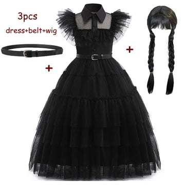 Ensemble 3 pièces robe noire gothique avec ceinture et perruque pour femme