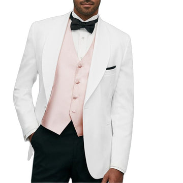 Costume de mariage 3 pièces pour homme, veste blanche, gilet rose, coupe slim, veste, pantalon, gilet, revers châle, blazer de bal