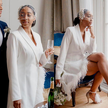 Costume de mariage blanc à plumes, blazer à manches longues et col en V, tenue de soirée avec une veste