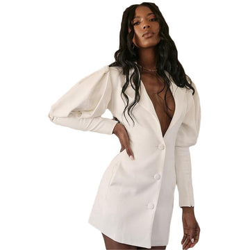 Robe blazer blanche à manches évasées, col en V, tenue de mariage, tenue de soirée courte, tenue de soirée, une seule pièce
