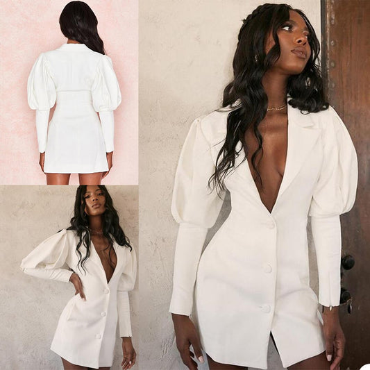 Robe blazer blanche à manches évasées, col en V, tenue de mariage, tenue de soirée courte, tenue de soirée, une seule pièce