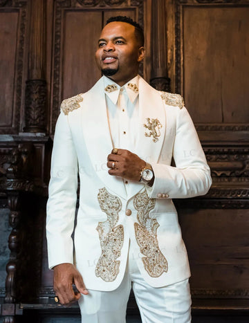Costume de marié 2 pièces pour homme, avec appliques en or blanc et perles, blazer et pantalon, smoking à un bouton, formel, travail, bal, grande taille, sur mesure