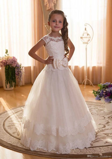 Girls White Lace Cap Sleeve Flower Girl Dress with Bow Belt and Full Tulle Skirt
