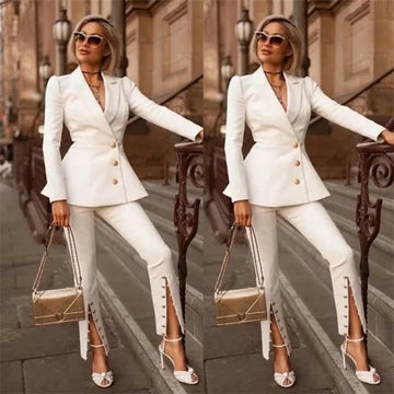 White Women Office Suits Set For Wedding Formal Jacket Buttons+Split Pants Party Prom Dress Blazer Tuxedo Custom Made