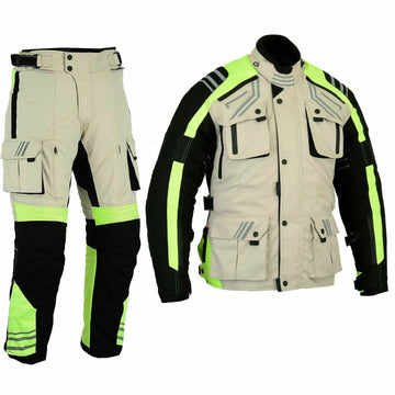 Conjunto de chaqueta y pantalón de moto con detalles en verde neón y múltiples bolsillos