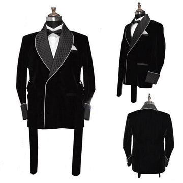 Winter Black Velvet Men’s Smoking Overcoat Red Long Jacket Groom Party Prom Coat Business Wear Clothing Only 1 Blazer With Belt