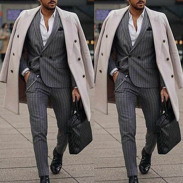 Winter Grey Striped men Tuxedos Double Breasted Groomsmen Groom Suits Plus Size Prom Party Blazer Jacket(jacket+pants)