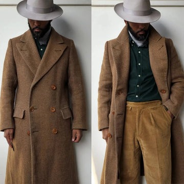 Winter Herringbone Trench Coat Men Tweed Wool Blend Double Breasted Overcoat Formal Suit For Wedding Blazer Tuxedos