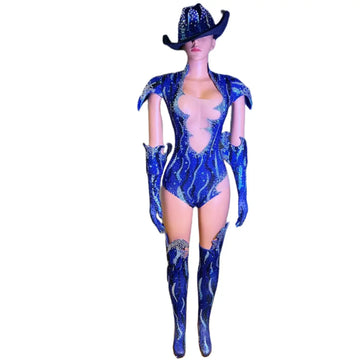 Superbe body orné de strass avec chapeau de cowboy pour des performances de fête et de danse ultimes