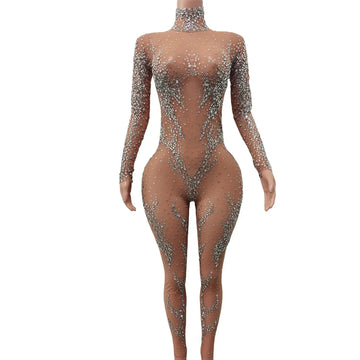 Dazzling Silver Crystal Bodysuit for Women - Sexy Stretchy Full-Length Jumpsuit for Stage Performances, Clubs, and Photoshoots