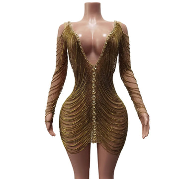 Glamorous Gold Rhinestone Chain Bodycon Dress for Women Perfect for Birthday Parties, Night Out, Clubbing, and Drag Performances