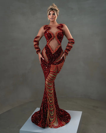 Robe longue transparente en maille rouge brillante pour femme, tenue de soirée, d'anniversaire, de fête, de bal, élégante