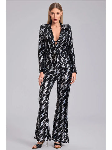 Ensemble deux pièces printemps pour femme avec haut et pantalon à paillettes et motif éclair, robe de soirée tendance