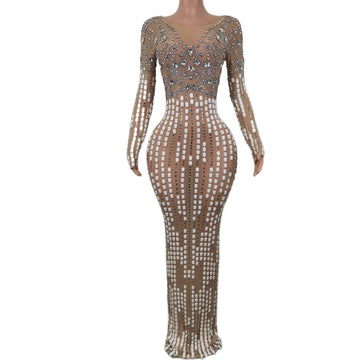 Robe de soirée sexy pour femme, tenue de bal, d'anniversaire, en maille perlée, longueur au sol, robe de chanteuse, perspective