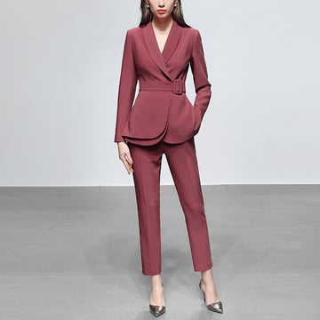 Women Suits Office Set Elegant Blazer+Straight Pants Business Lady Party Jacket With Belt Prom Dress In Stock