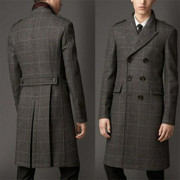 Abrigo de mezcla de lana para hombre, chaqueta de invierno con doble botonadura a cuadros, abrigo largo de negocios de talla grande, cálido, formal, de negocios, a medida.