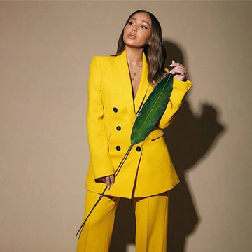 Yellow Pant Suits For Women Double Breasted Coat + Pants Office Ladies Casual Long Sleeves Blazer Straight Leg Trousers