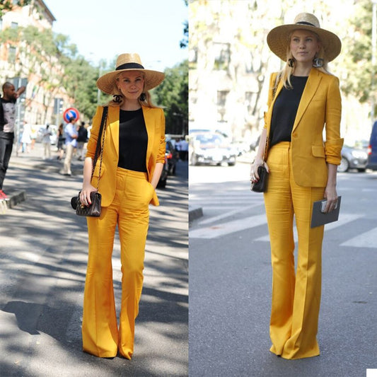 Ensemble pantalon et veste en lin jaune pour femme, tenue de soirée, de soirée, de mariage, de mère de la mariée, 2 pièces