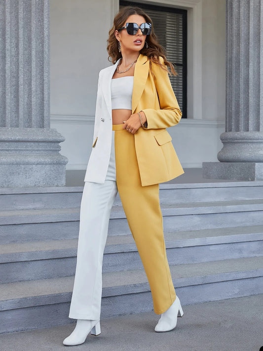 Ensemble 2 pièces pour femme, pantalon patchwork jaune et blanc, couleur assortie, tenue de soirée, de mariage, de soirée, de célébrité, pour la mère de la mariée